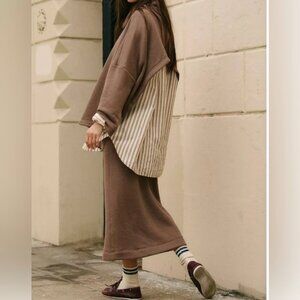 FREE PEOPLE Milley Co-ord Skirt Set brown Long Sleeve Top & Maxi Skirt Size XS